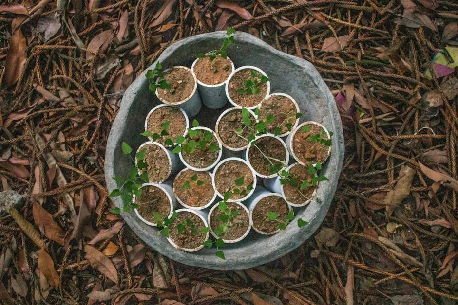 Small green seedlings growing in white cups arranged in a rustic stone bowl surrounded by dry leaves