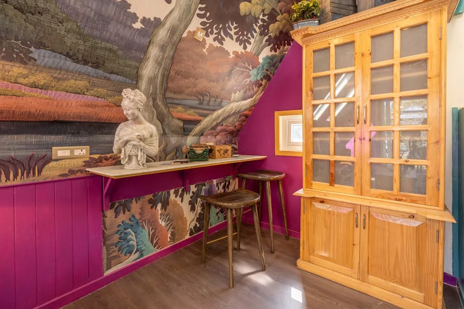 Colorful forest mural covering slanted ceiling plane in eclectic room with magenta walls and wooden cabinet