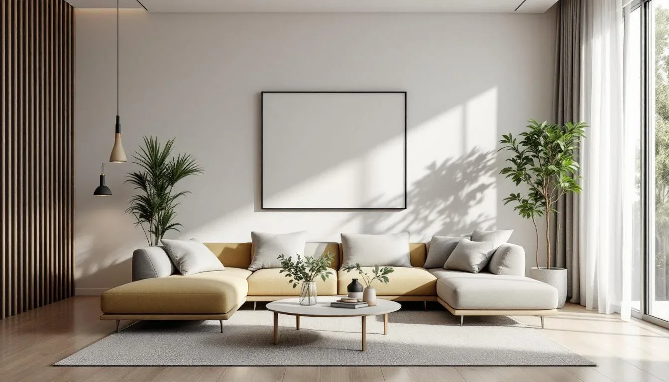 Modern minimalist living room with yellow sectional sofa, coffee table, and neutral decor on a budget