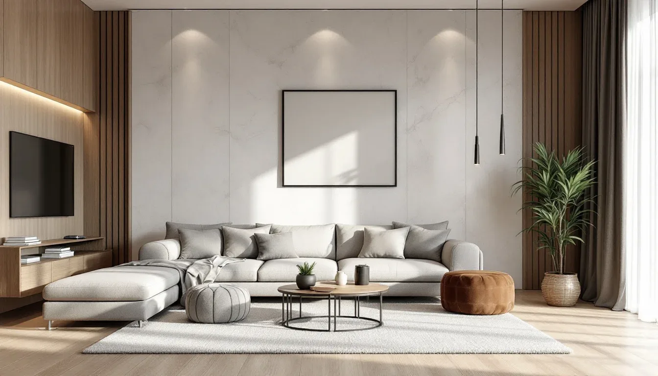 Modern living room with sectional sofa, wood panel accents, marble wall, and cohesive neutral interior design