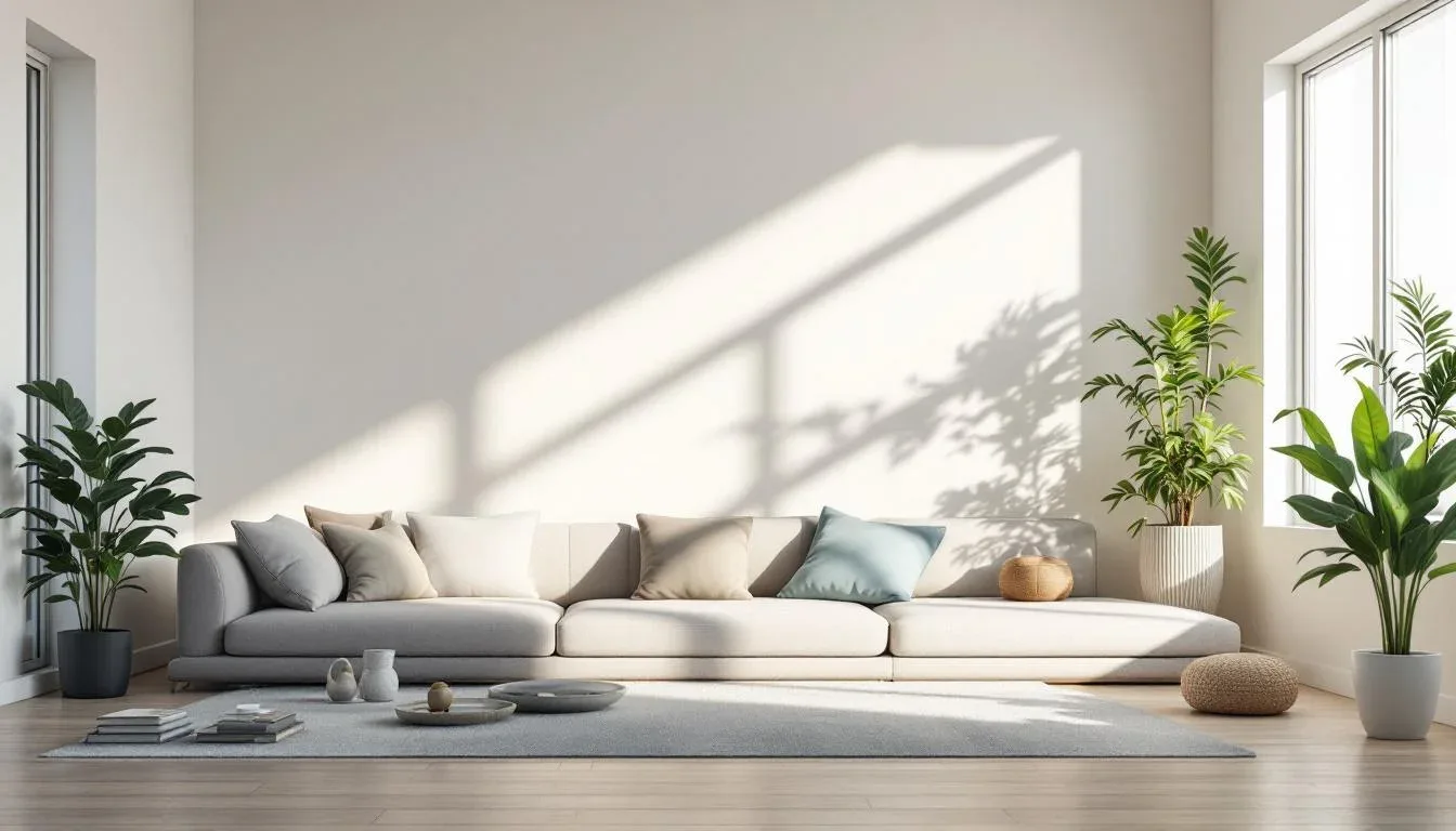 Minimalist living room with white walls, low sofa, and natural light casting window shadows at eye level