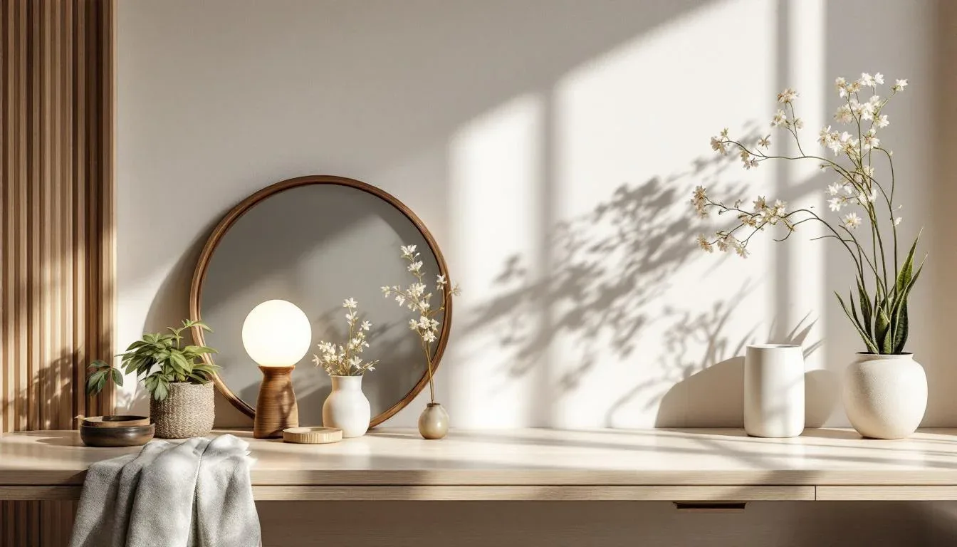 Minimalist dresser styled with round mirror, globe lamp, white vases, and plants for budget bedroom decor accessory laye