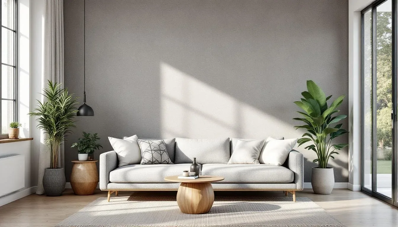 Modern living room with gray accent wall, light gr