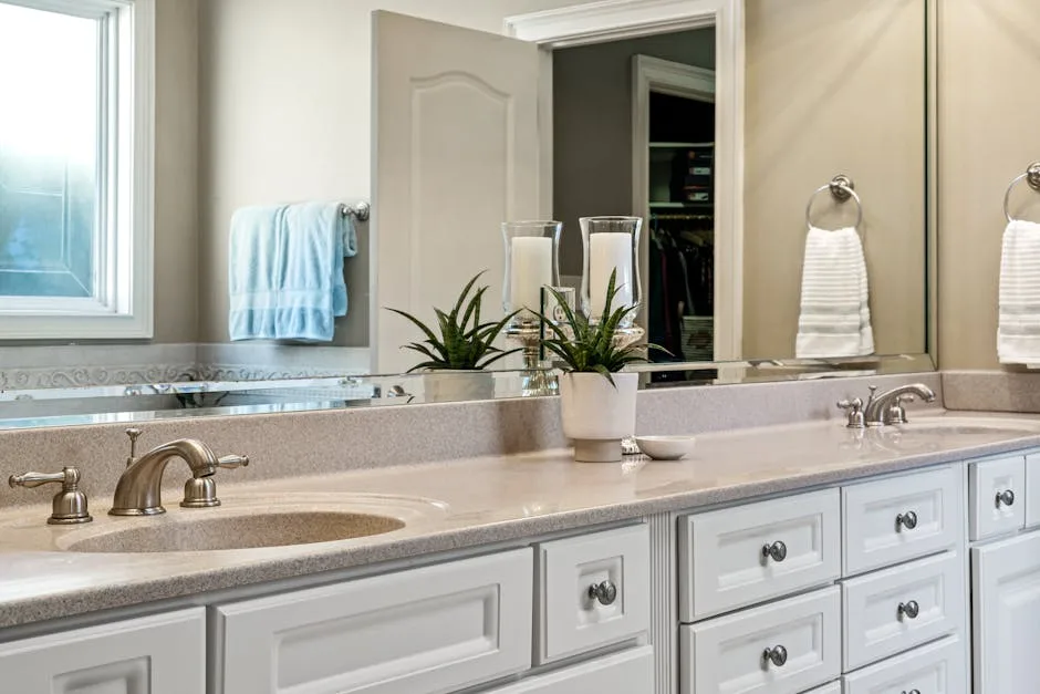 Double bathroom vanity with white cabinets, quartz countertop, decorative plants and candles styled between two sinks
