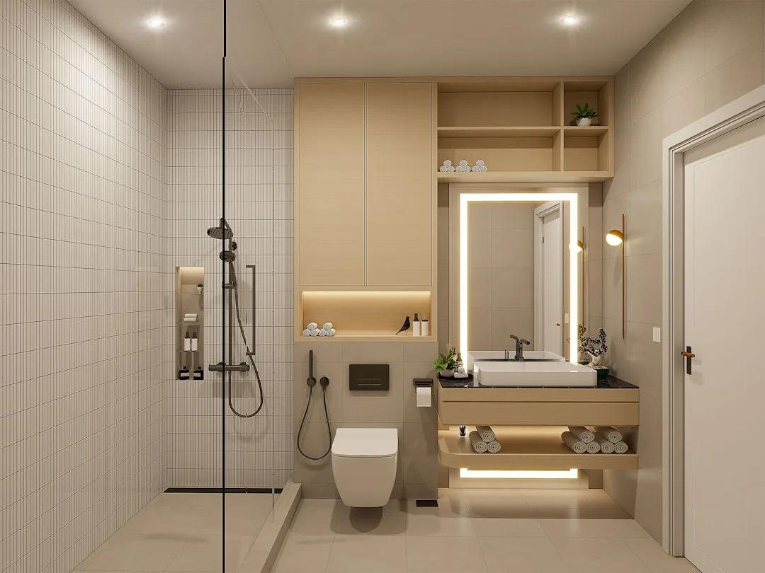 Modern small bathroom with LED mirror lighting, under-vanity glow, and recessed ceiling lights in warm neutral tones