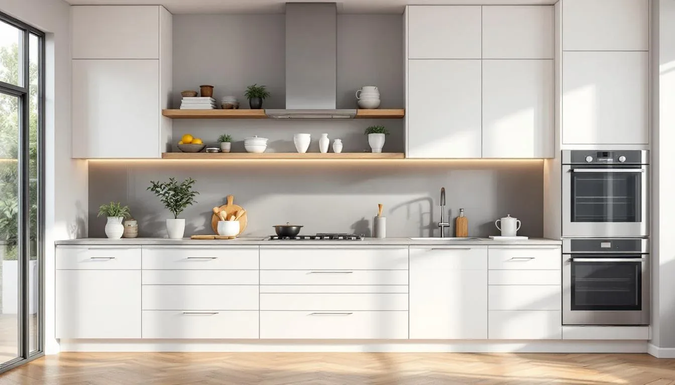 Modern white kitchen with flat-front cabinets, open wood shelves, stainless hood, and double wall ovens during planning 