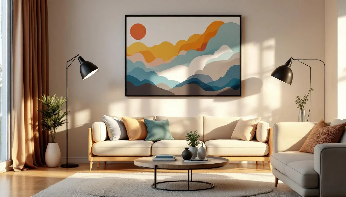 Modern living room with two black floor lamps illuminating abstract wall art above a cream sofa
