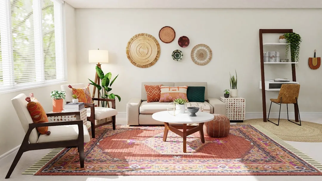 Bohemian-style living room with colorful patterned rug, beige sofa, woven wall decor, and budget-friendly mixed furnitur