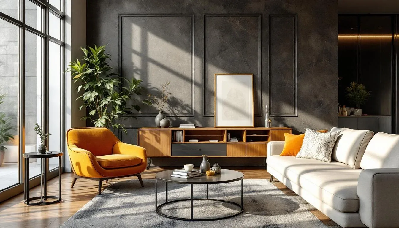 Modern industrial living room with orange accent chair, white sofa, wood credenza, and dark textured walls with natural 