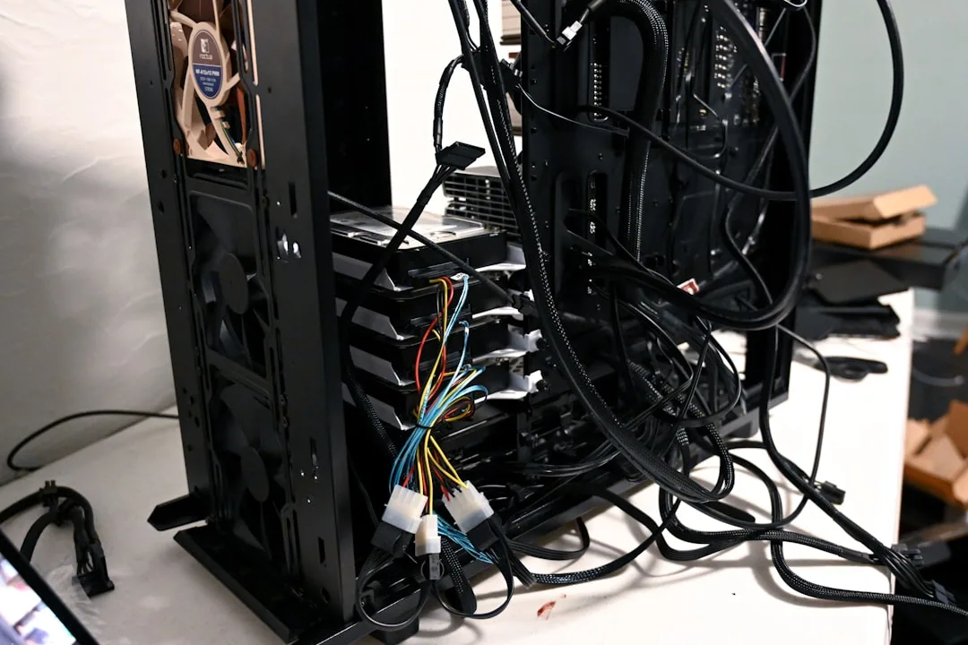 Messy cable management inside open PC tower case showing tangled power cables and wire routing during computer build