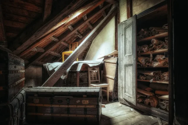 Cluttered unfinished attic space with exposed wood