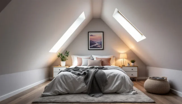 Converted attic bedroom with skylights, sloped cei