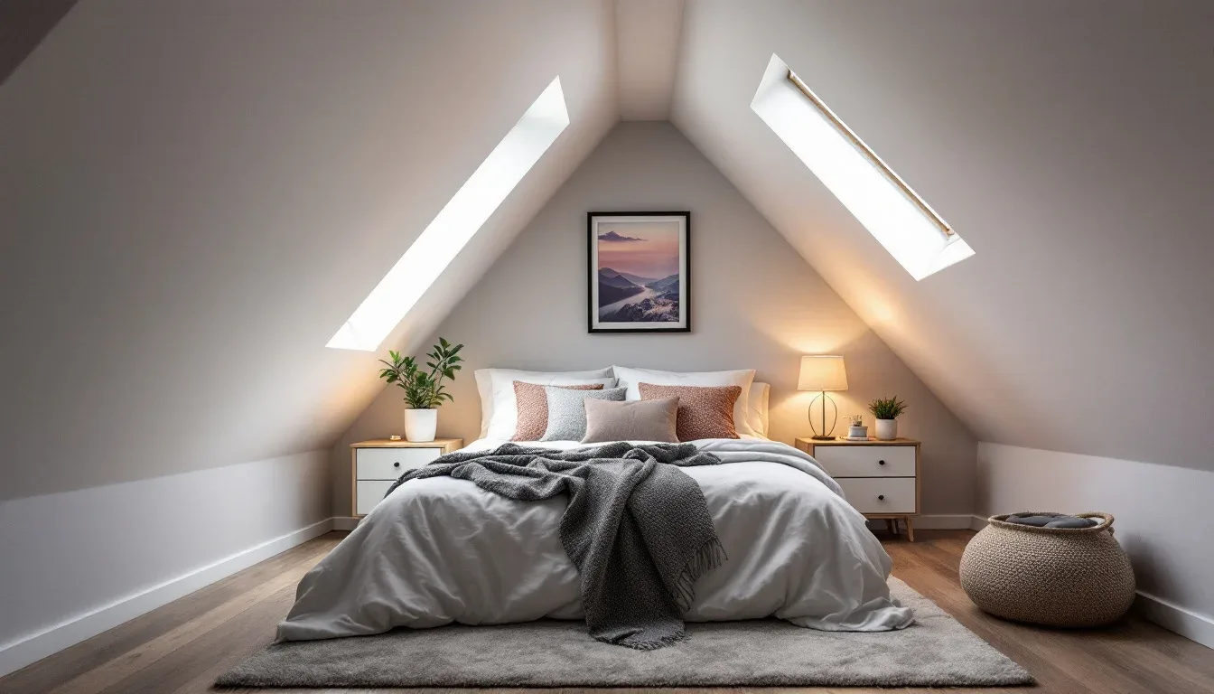 Converted attic bedroom with skylights, sloped cei