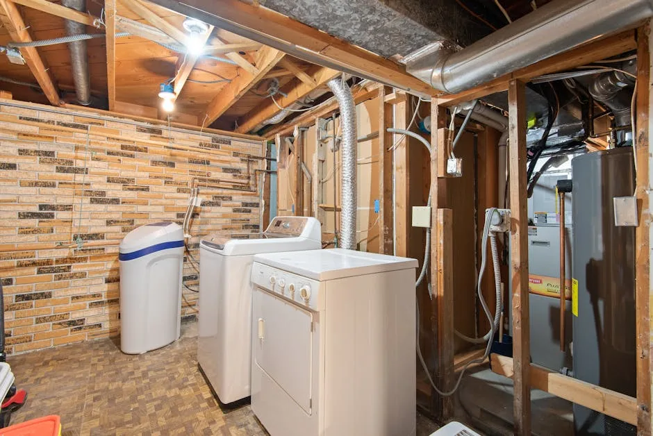 Unfinished basement with exposed wood framing, bri