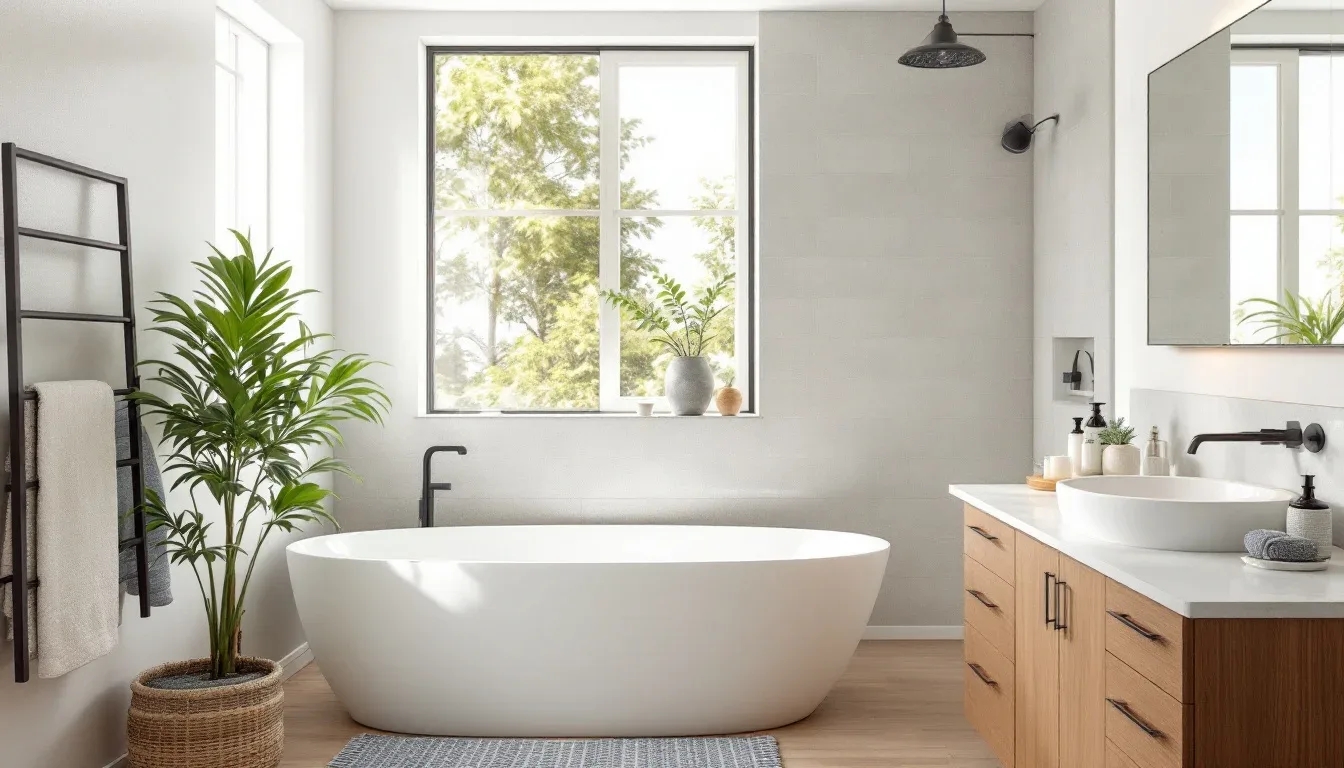 Modern white freestanding bathtub in a bright minimalist bathroom with wood vanity and natural light