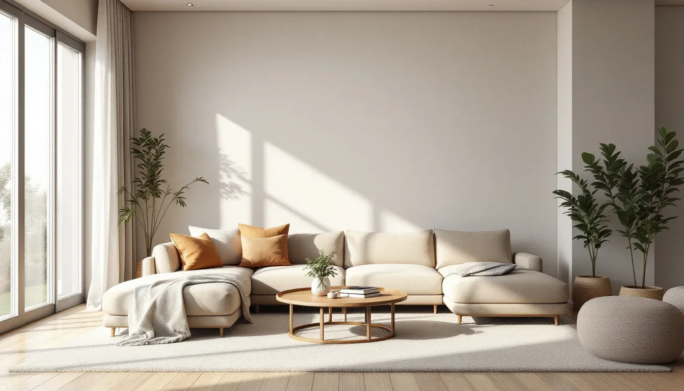 Minimalist living room with neutral sectional sofa, warm orange cushions, and layered spatial hierarchy in natural light