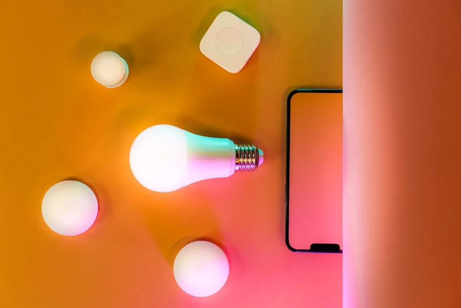 Smart LED light bulb glowing with color-changing light beside smartphone and smart home hub on orange background