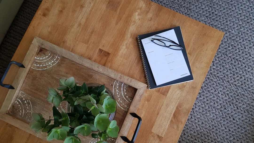 Wooden coffee table tray with green plant, spiral notebook, and black glasses styled using 60-30-10 proportion rule