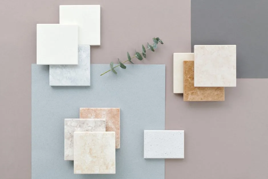 Flat lay of marble and stone tile samples in neutral tones on pastel color palette boards for small space design