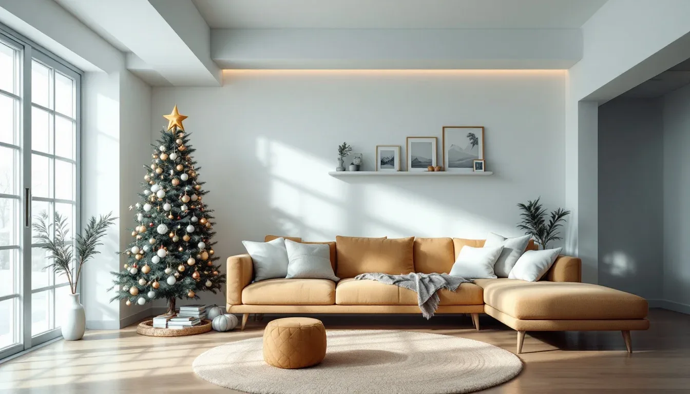 Minimalist living room with Christmas tree decorated in gold and white ornaments, warm amber sofa and neutral palette 20