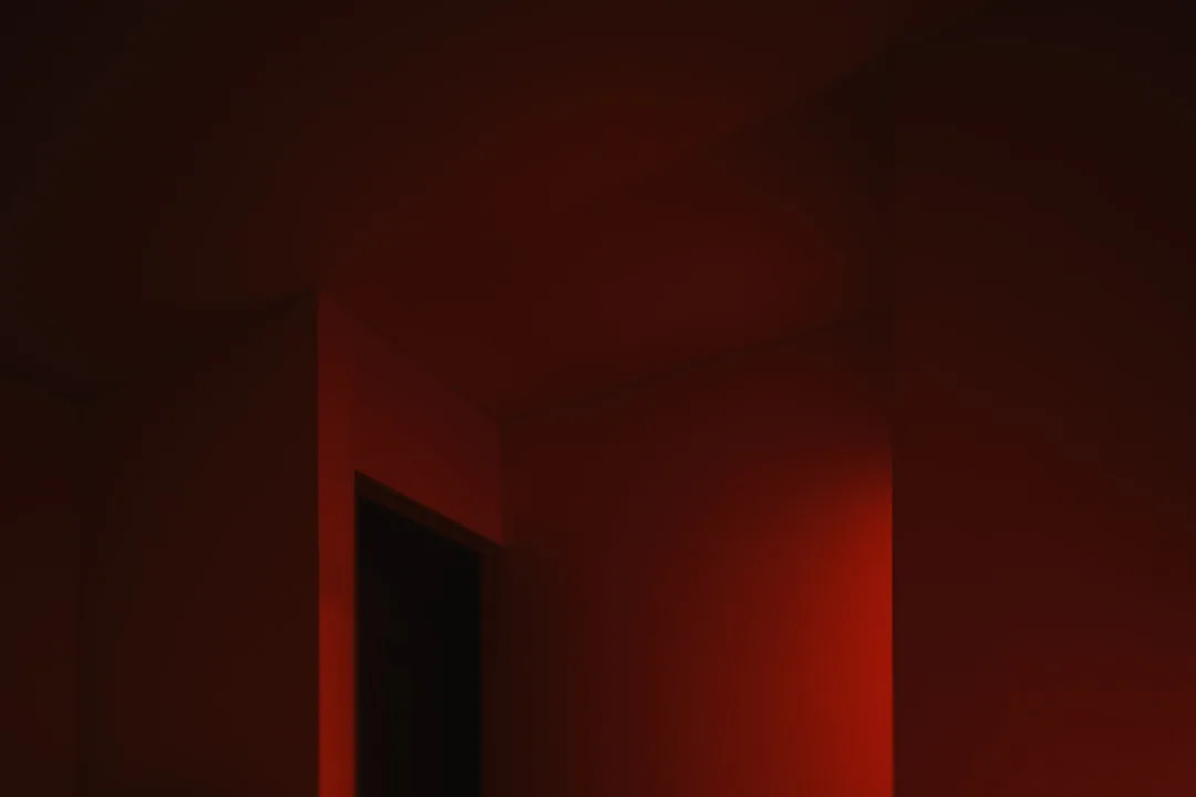 Dark room bathed in deep red ambient light showing doorway and walls demonstrating dramatic dark color atmosphere