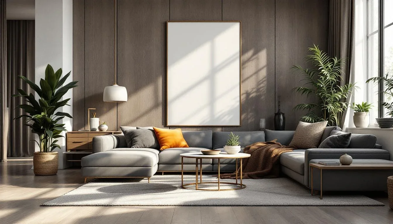 Large blank framed art above gray sectional sofa demonstrating 2/3 rule for wall art sizing in modern living room