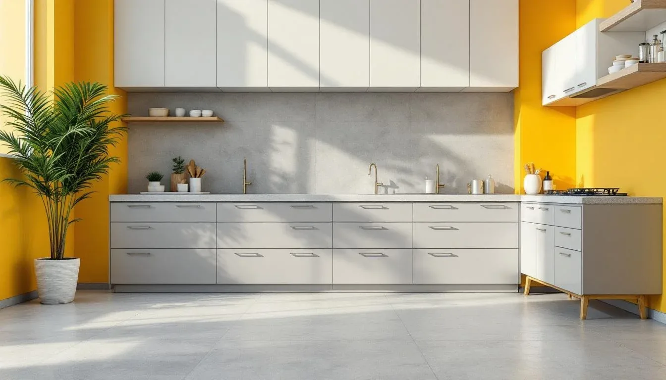 Modern kitchen with yellow walls, white and gray cabinets, concrete backsplash, brass faucet, and light tile flooring