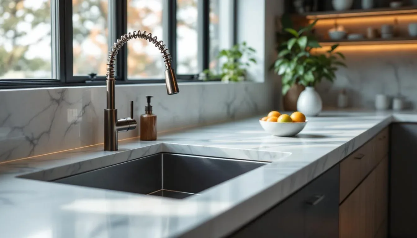 White marble kitchen countertop with undermount stainless sink, coil spring faucet, and bowl of citrus fruit