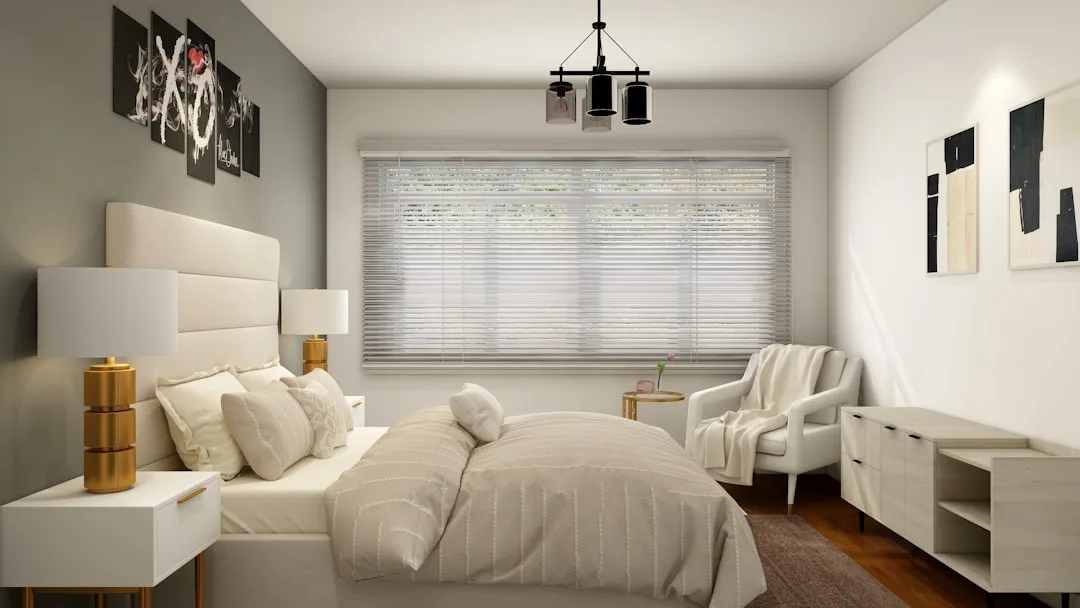 Modern bedroom with wide horizontal venetian blinds on large window, neutral tones and contemporary decor