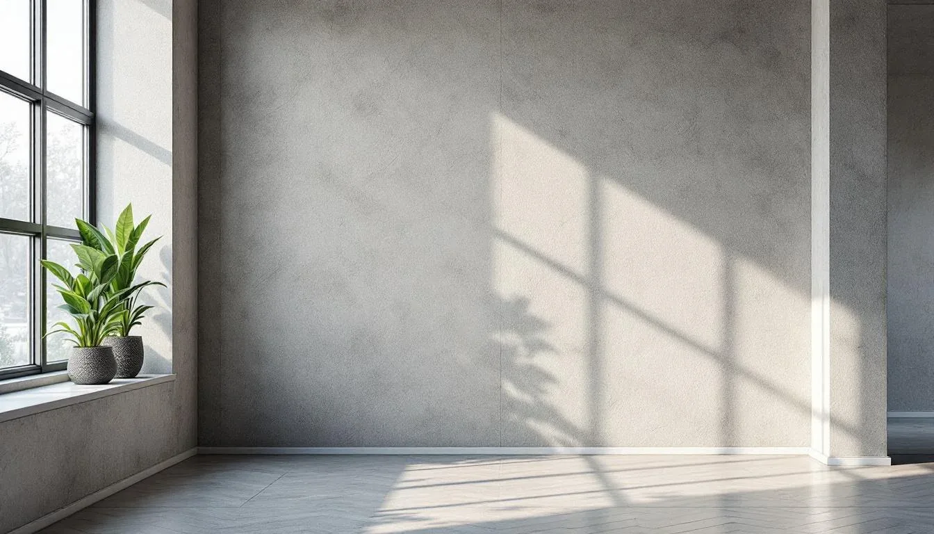 Empty minimalist room with concrete walls, clean base trim, natural light through large windows, and potted plants on si