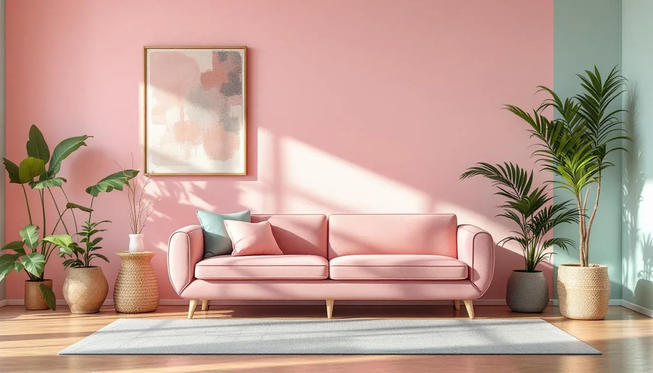 1950s-inspired pink pastel living room with blush sofa, sage green accent wall, tropical plants, and warm wood floors