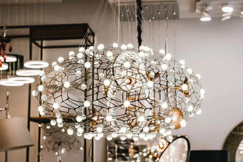 Sculptural chandelier with geometric metal frame and exposed globe bulbs displayed in a lighting showroom