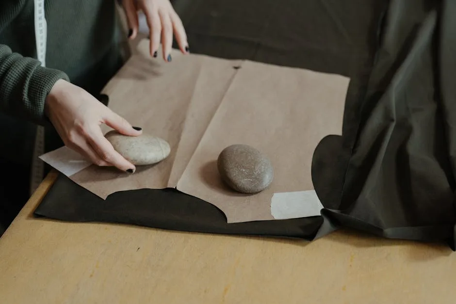 Seamstress using paper pattern pieces and stones as weights on dark fabric for custom drapery construction