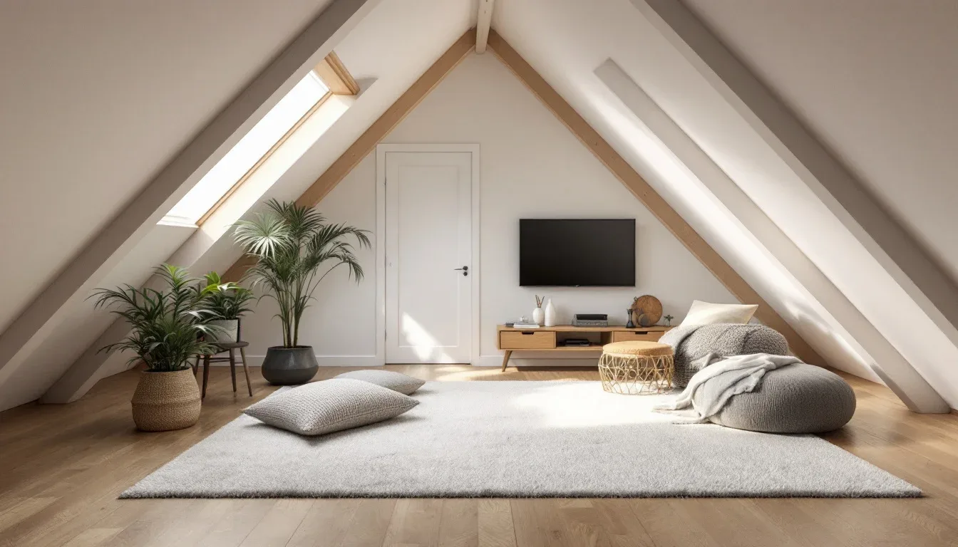 Converted attic living space with exposed roof beams, skylight, wood floors, and minimalist Scandinavian decor