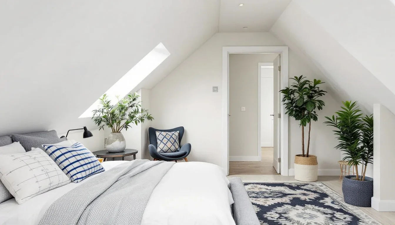 Bright loft attic bedroom conversion with sloped ceiling, skylight, white walls, and modern Scandinavian decor
