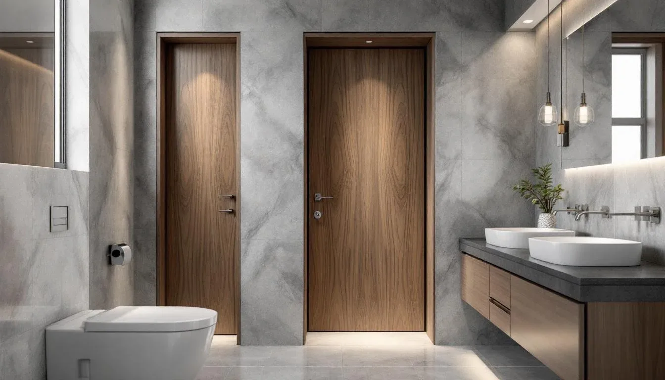 Modern bathroom with wood-veneer door, marble walls, vessel sinks, and pendant lighting in a luxury interior design