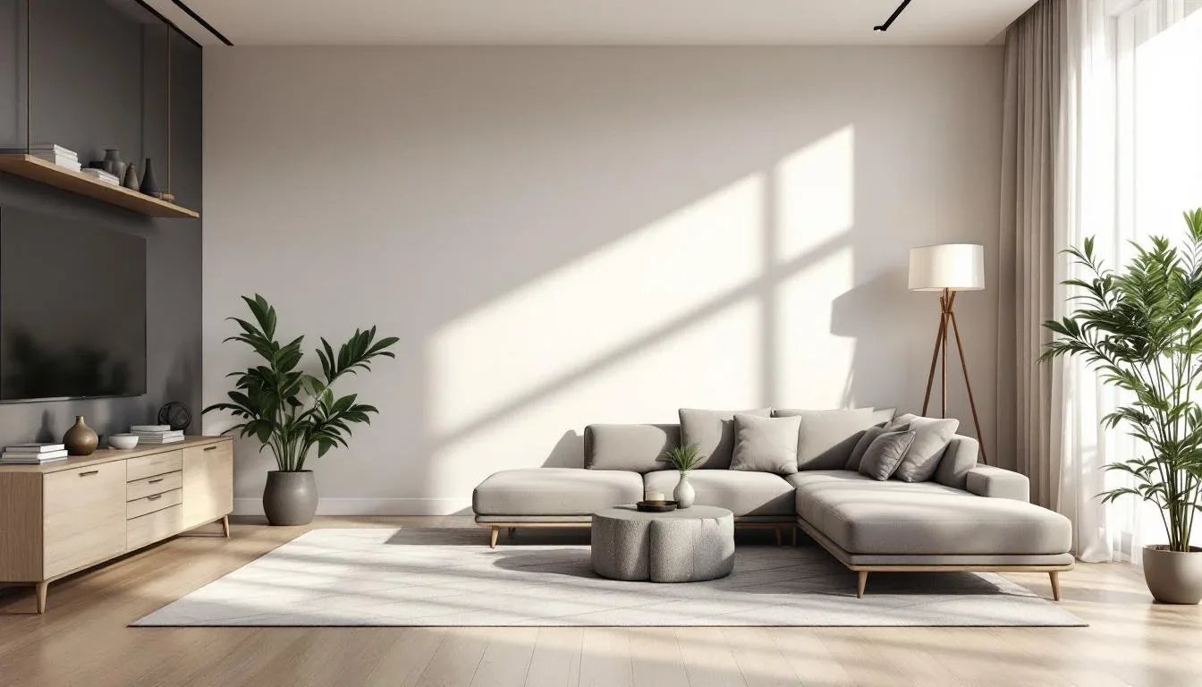 Modern Scandinavian living room with light wood flooring, gray sectional sofa, and mixed wood furniture tones