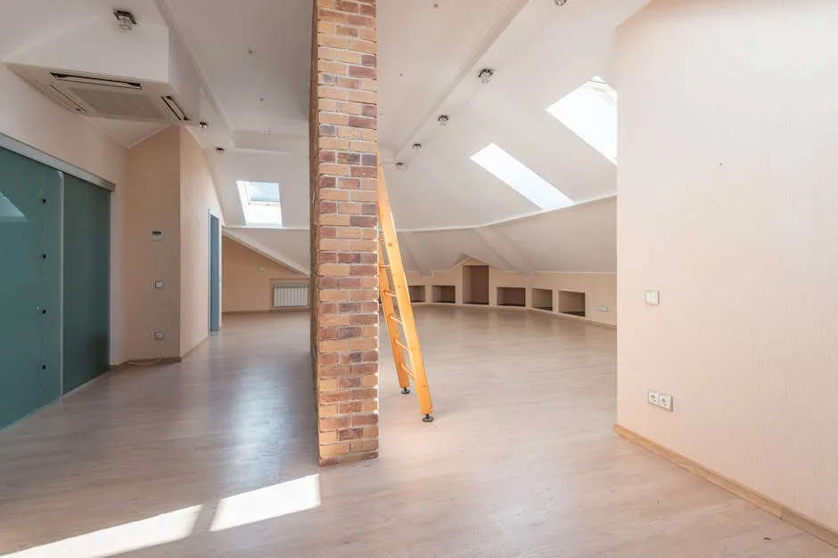 Empty attic conversion with skylights, brick pillar, wooden ladder, and built-in shelving showing finished living space 