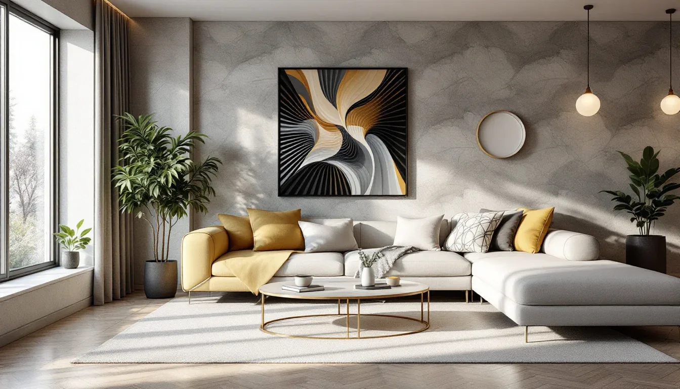 Modern living room with white sectional sofa and yellow accent chair arranged in narrow space with coffee table