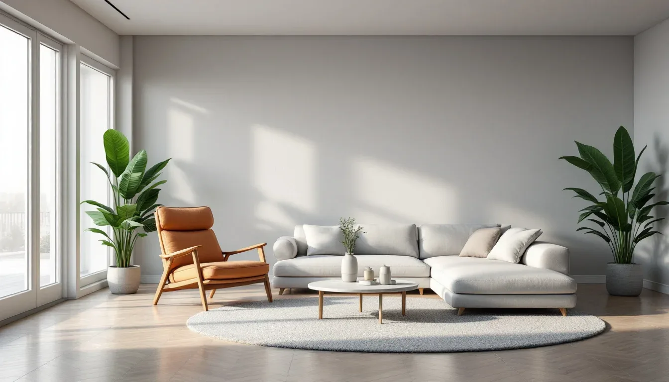 Minimalist living room conversation area with gray sectional sofa, accent chair, and round coffee table within 8-foot se