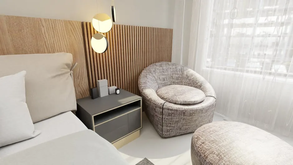 Modern small bedroom with hidden storage nightstand, upholstered chair, and wood slat wall panel