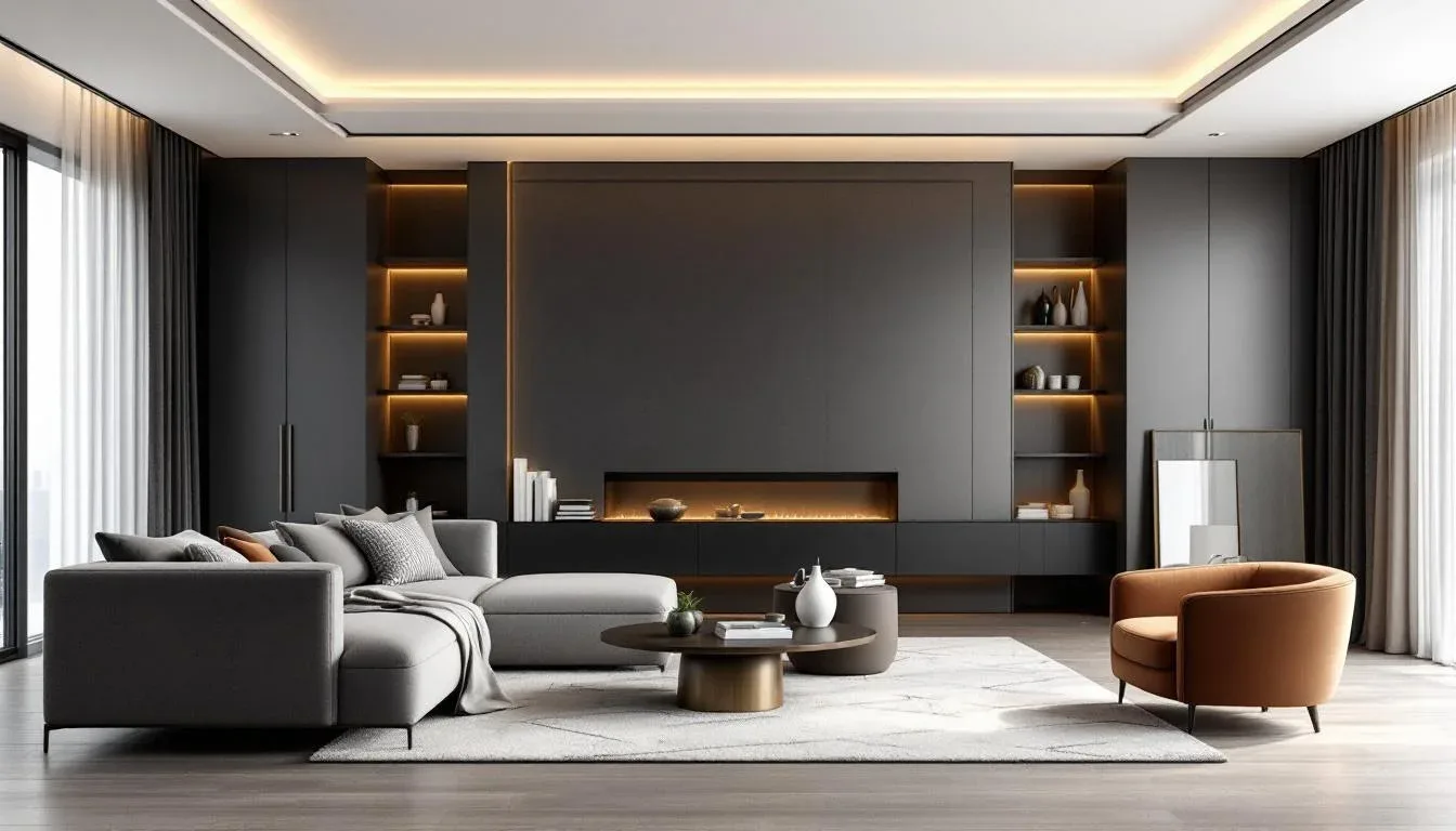 Modern minimalist living room with dark gray walls, built-in shelves, sectional sofa, and warm ambient lighting