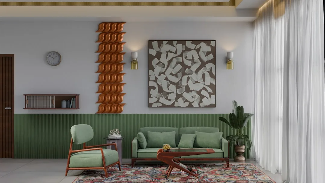 Floor-to-ceiling white sheer curtains hung near ceiling in mid-century modern living room with green sofa