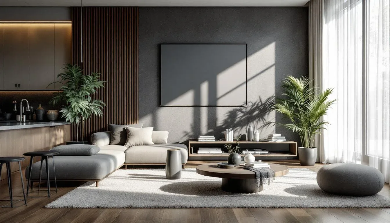 Modern open-plan studio apartment living area with freestanding furniture and plants used as natural space dividers