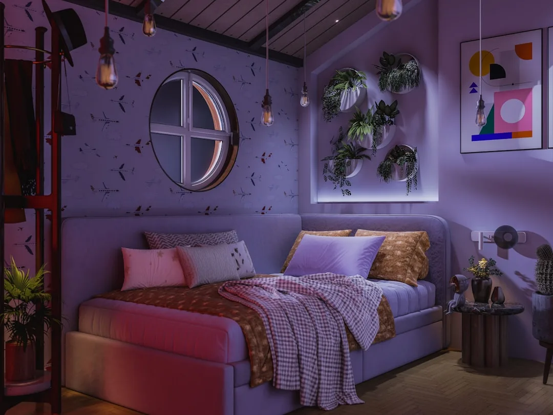 Cute aesthetic bedroom with purple lighting, wall-mounted plants, Edison bulbs, round window and colorful bedding