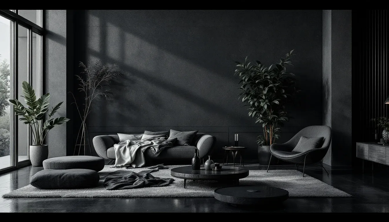 Dark aesthetic living room with charcoal walls, gray sofa, round coffee table, and plants creating a spacious moody atmo