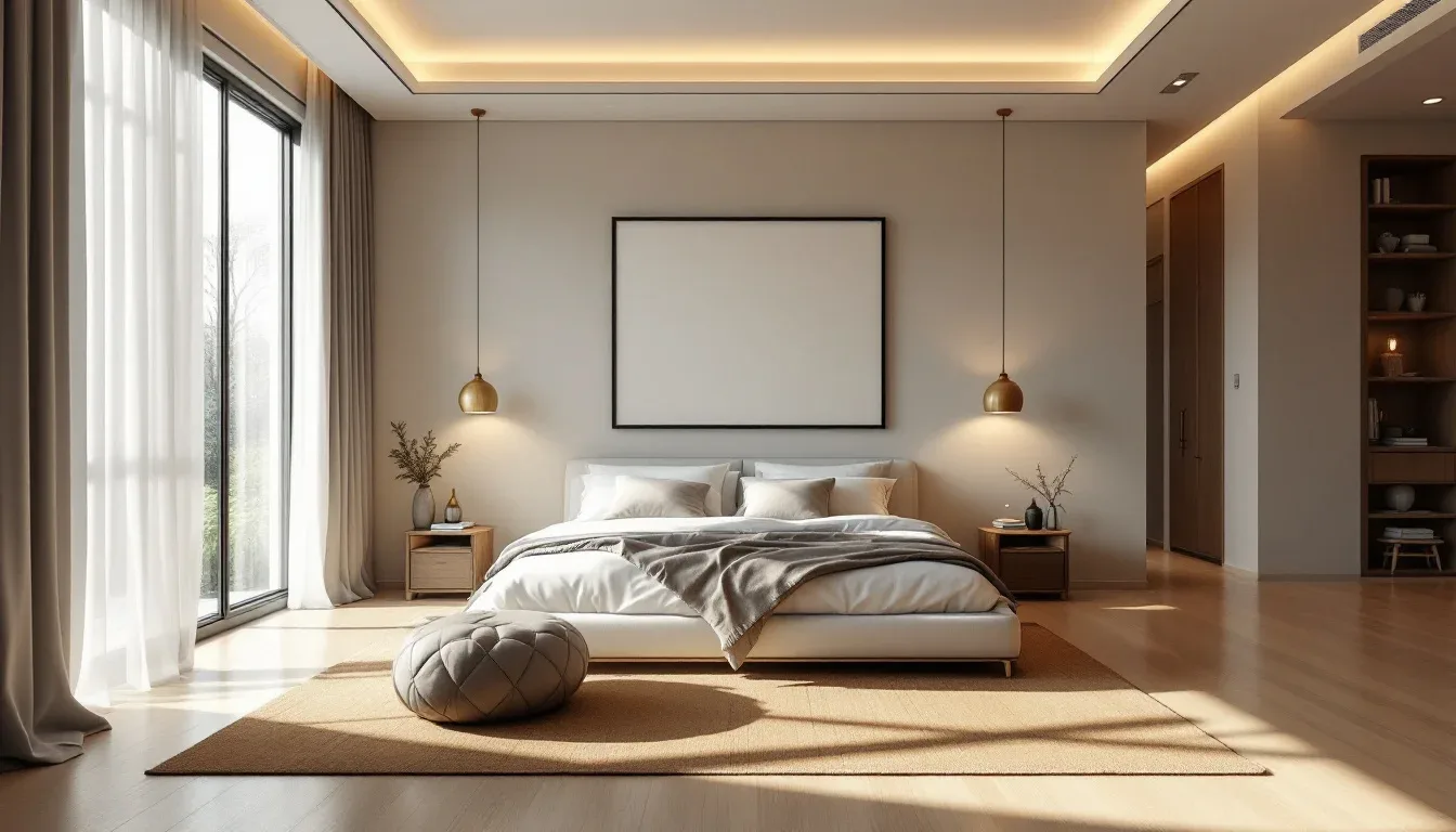 Modern minimalist bedroom with neutral tones, pendant lights, large window, and clean design for dream room inspiration