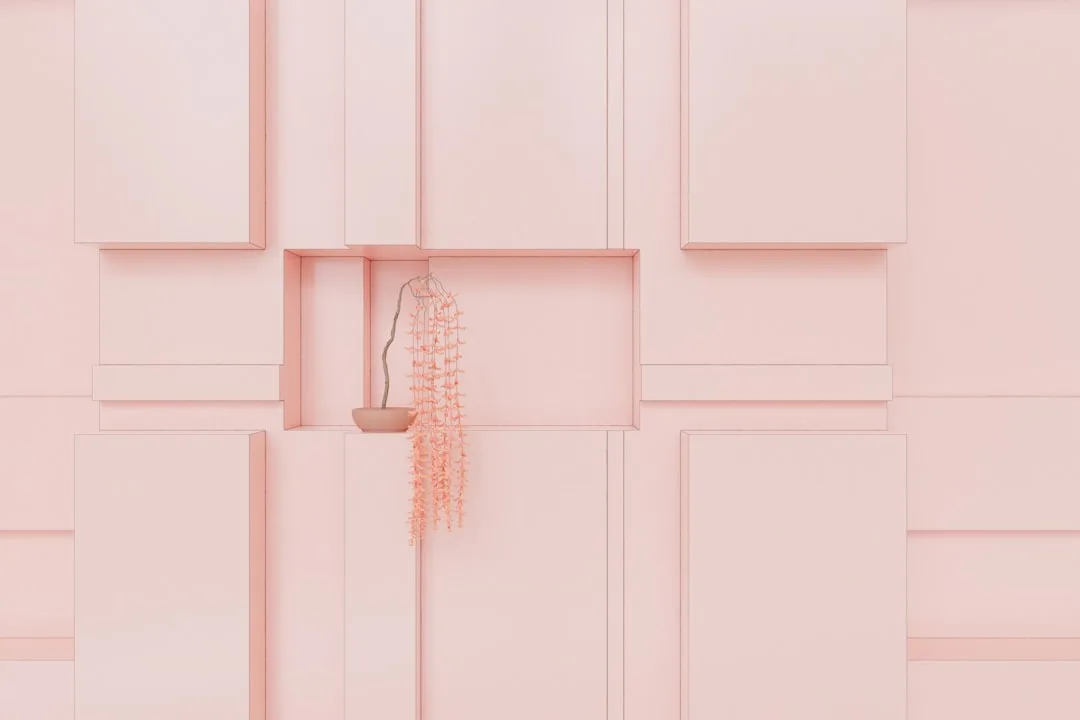 Minimalist pink aesthetic wall with geometric panels and a small hanging plant in a wall niche
