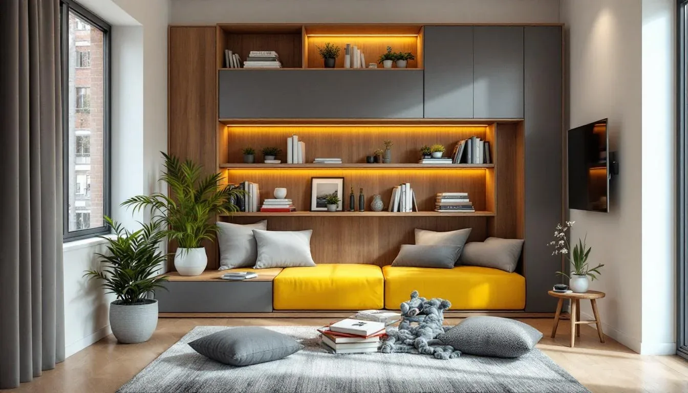 Compact bedroom reading nook with built-in shelves, yellow cushioned bench, warm LED lighting and decorative books