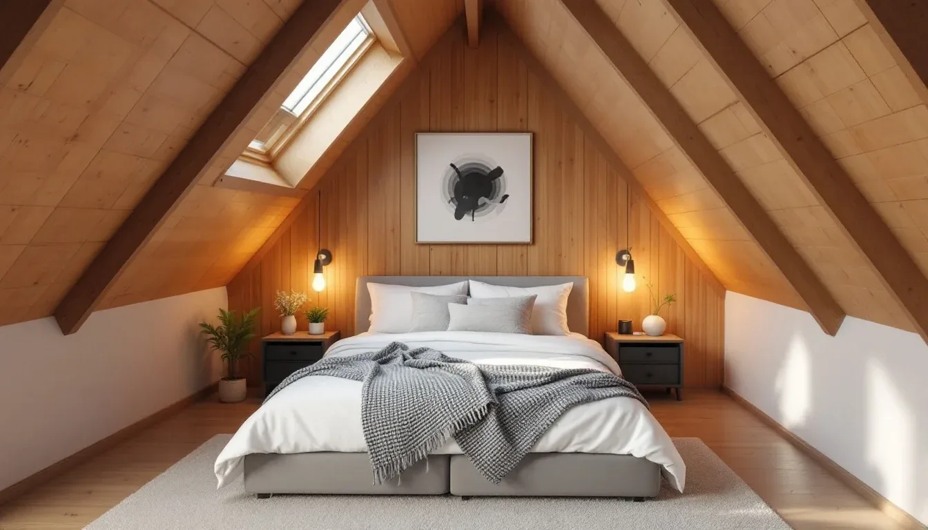 Converted attic bedroom with sloped wooden ceiling, skylight, double bed and modern decor